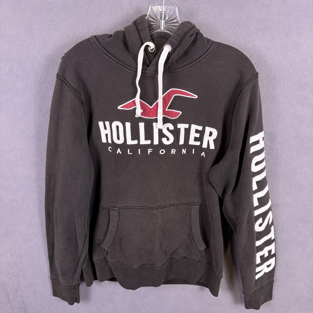 Y2K Hollister Hoodie Mens Medium Pullover Logo Graphic Distressed Fleece